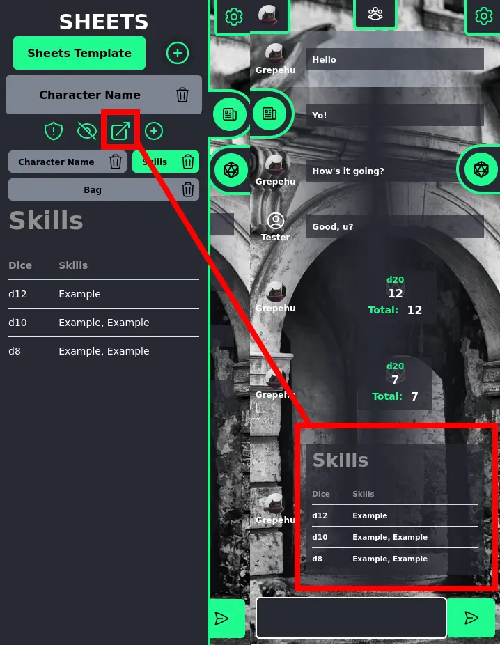 Jogando Informaçẽos de uma aba de Ficha no Chat